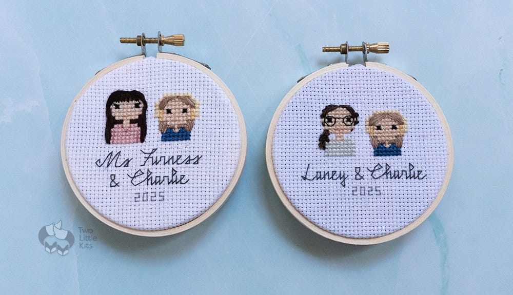 Two stitch people portraits, both depicting the busts of two characters each. The one on the left reads "Ms Furness &amp; Charlie, 2025" and has an adult with very long, straight dark-brown hair wearing a light-pink, v-neck top and a child with shorter, dark-blonde hair wearing a blue top and yellow headphones on her head. The piece on the right reads "Laney (which is misspelt!) &amp; Charlie, 2025" and shows an adult woman with slightly-curly, dark brown hair tied into a ponytail wearing a green-grey-coloured top and a similar looking child wearing headphones (as the first piece), implying it's the same person in each piece. Both pieces are framed in a 3 inch embroidery hoop and stitched on white Aida fabric.