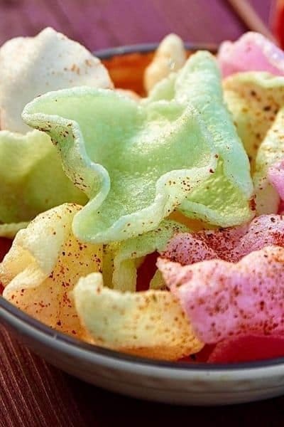 Prawn crackers sprinkled with dried chilli