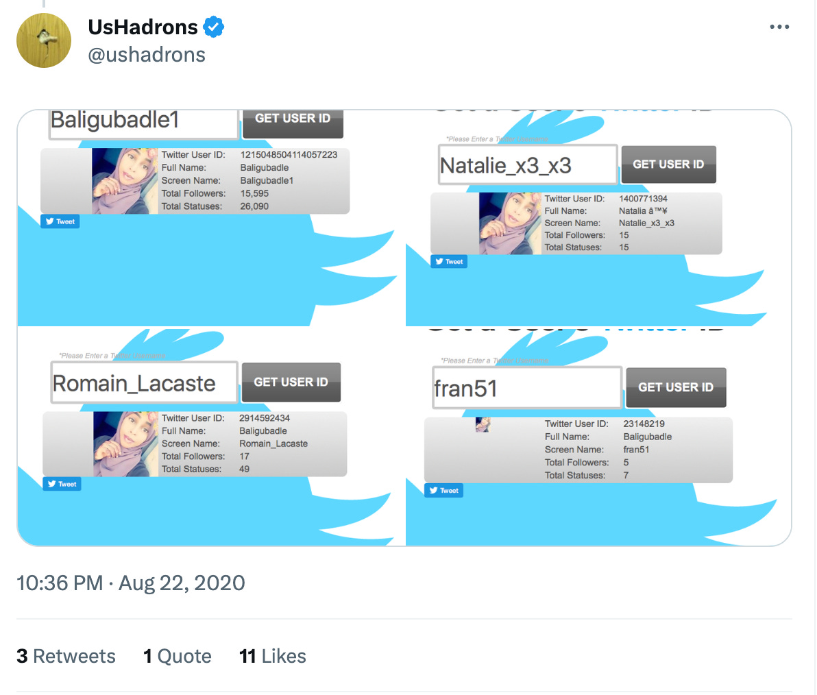 screenshots of other Twitter accounts with the same avatar as @baligubadle1