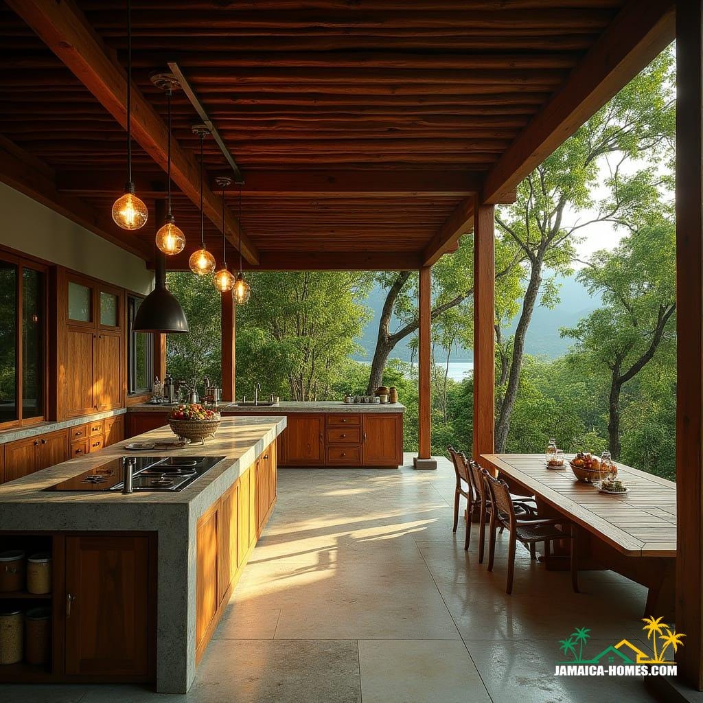 An ultra-luxurious outdoor kitchen, crafted from rich teak and mahogany, seamlessly integrated into a multimillion-pound off-the-grid wooden estate, nestled in the lush green mountains of Jamaica
