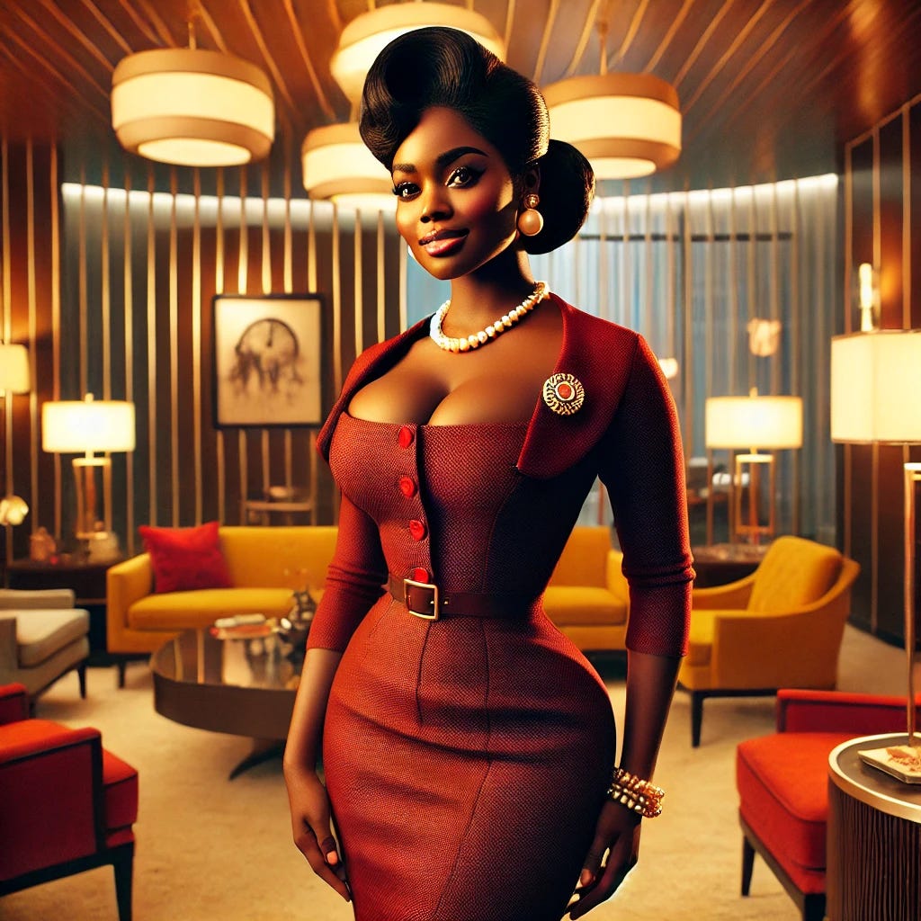 A stunning Black woman inspired by Joan from Mad Men, set in a stylish mid-20th century office environment. She has a voluptuous, hourglass figure, dressed in a vintage, form-fitting pencil dress in a bold color, with classic accessories like a brooch and pearl necklace. Her hairstyle is elegantly coiffed in a retro updo reminiscent of the 1960s. The setting includes period-specific office decor with warm lighting, evoking a sophisticated and glamorous atmosphere. The woman stands confidently, embodying charisma and grace with a slight smile.