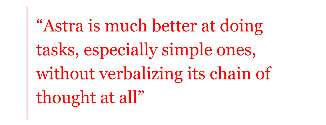 Pull quote: Astra is much better at doing tasks, especially simple ones, without verbalizing its chain of thought at all Pull quote: Astra is much better at doing tasks, especially simple ones, without verbalizing its chain of thought at all