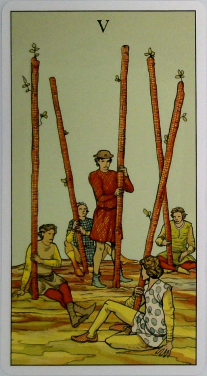 The Five of Wands tarot card and the Ground from the Root oracle card.