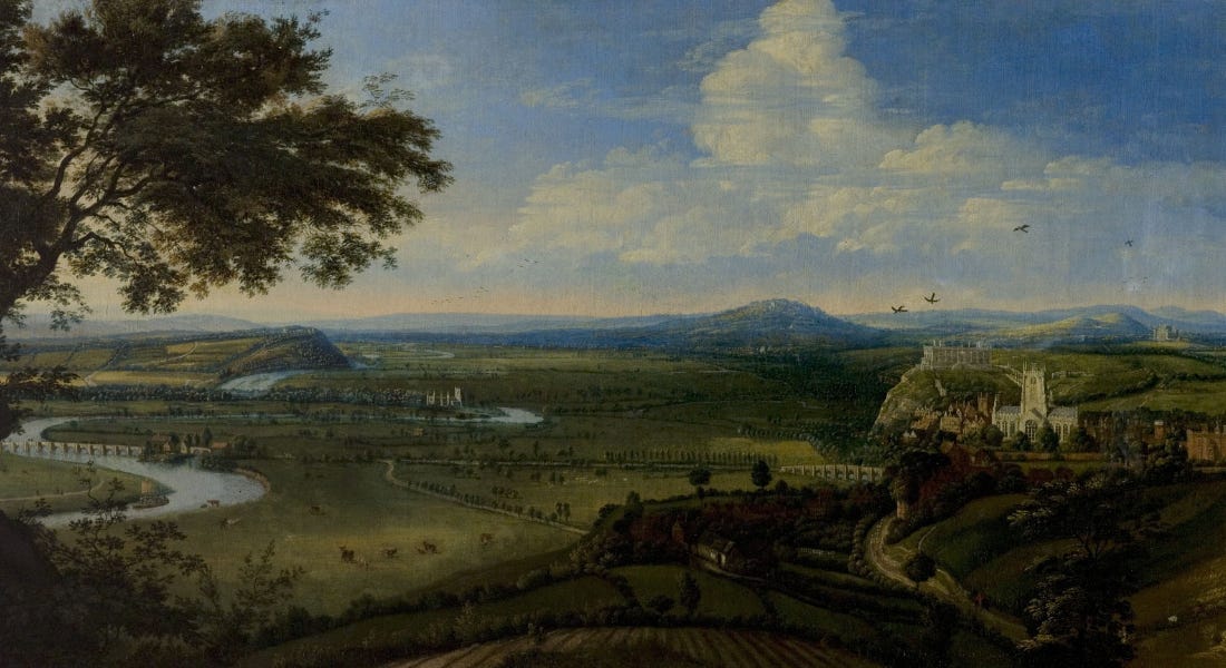 A view of Nottingham with green fields, rivers, and a blue sky A view of Nottingham with green fields, rivers, and a blue sky