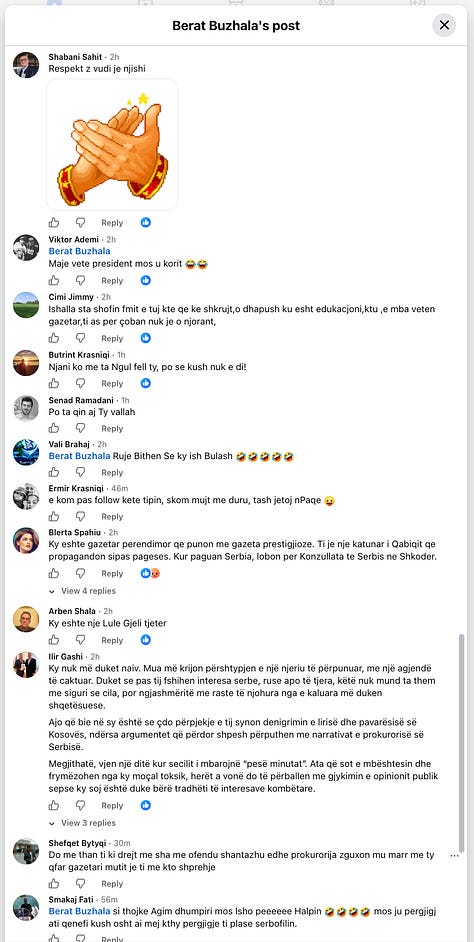 Berat Buzhala dhe komentuesit në postimin e tij në Facebook.