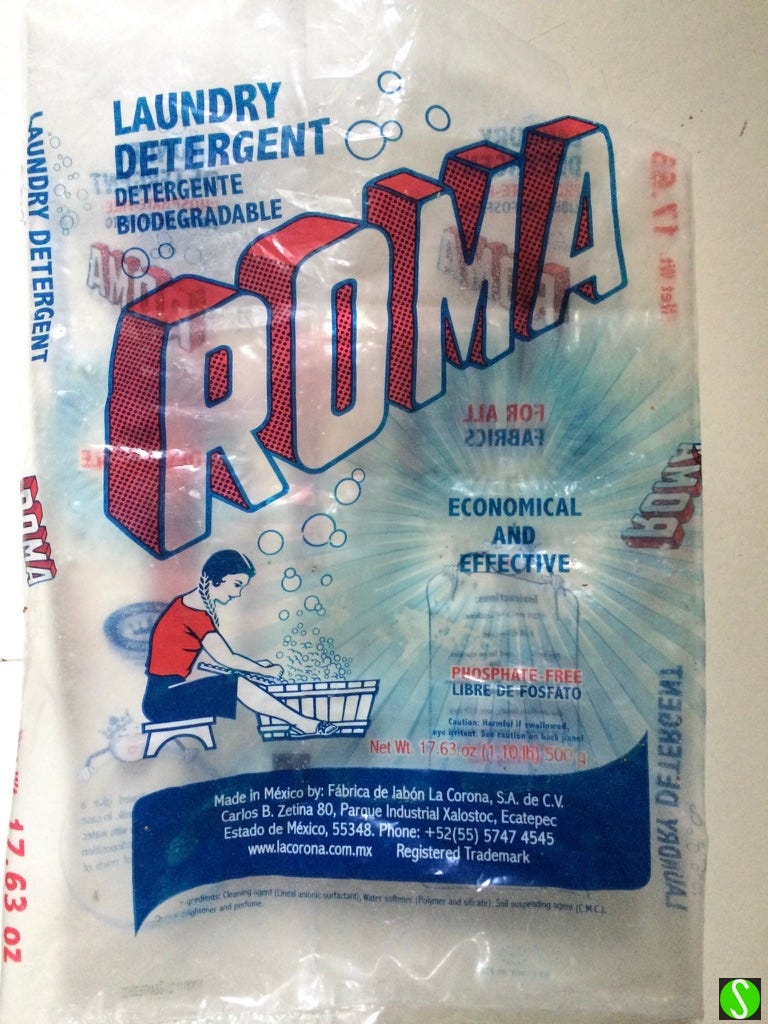 photo of empty ROMA detergent from Mexico