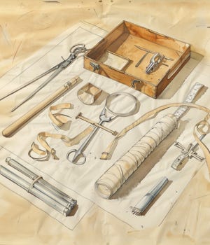 vintage watercolor illustration of tools neatly aligned on a worktable and lightly wrapped in metallic ribbon, rendered in a restrained instructional style vintage watercolor illustration of tools neatly aligned on a worktable and lightly wrapped in metallic ribbon, rendered in a restrained instructional style