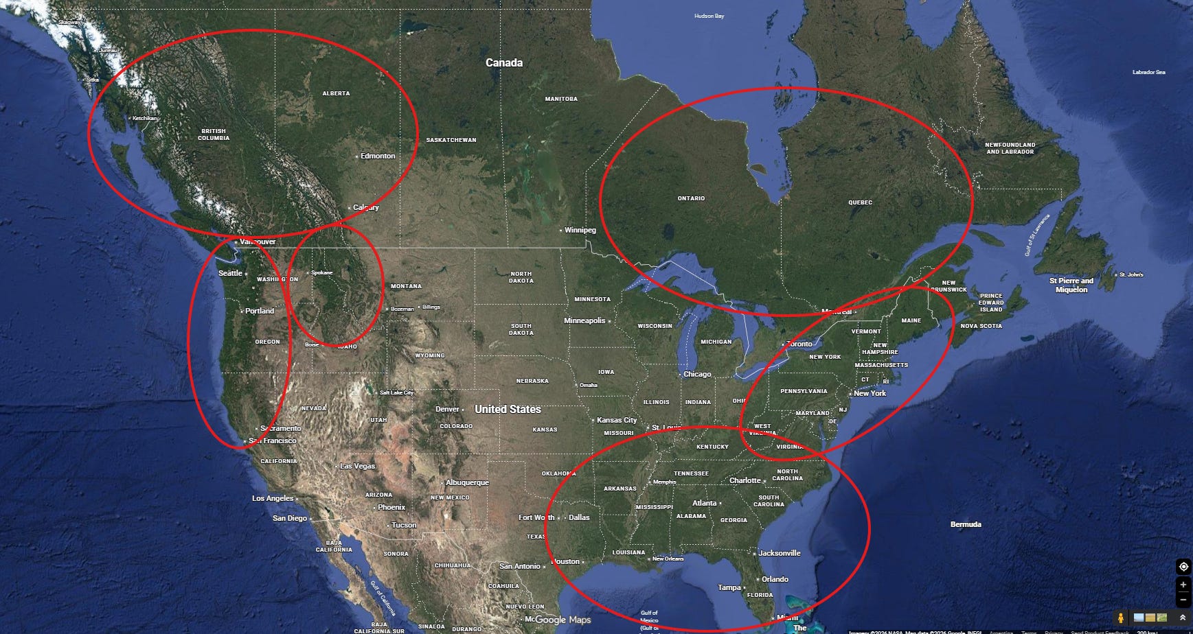 Satellite image North America with an overlay of circles approximately marking the forest basins in the continent