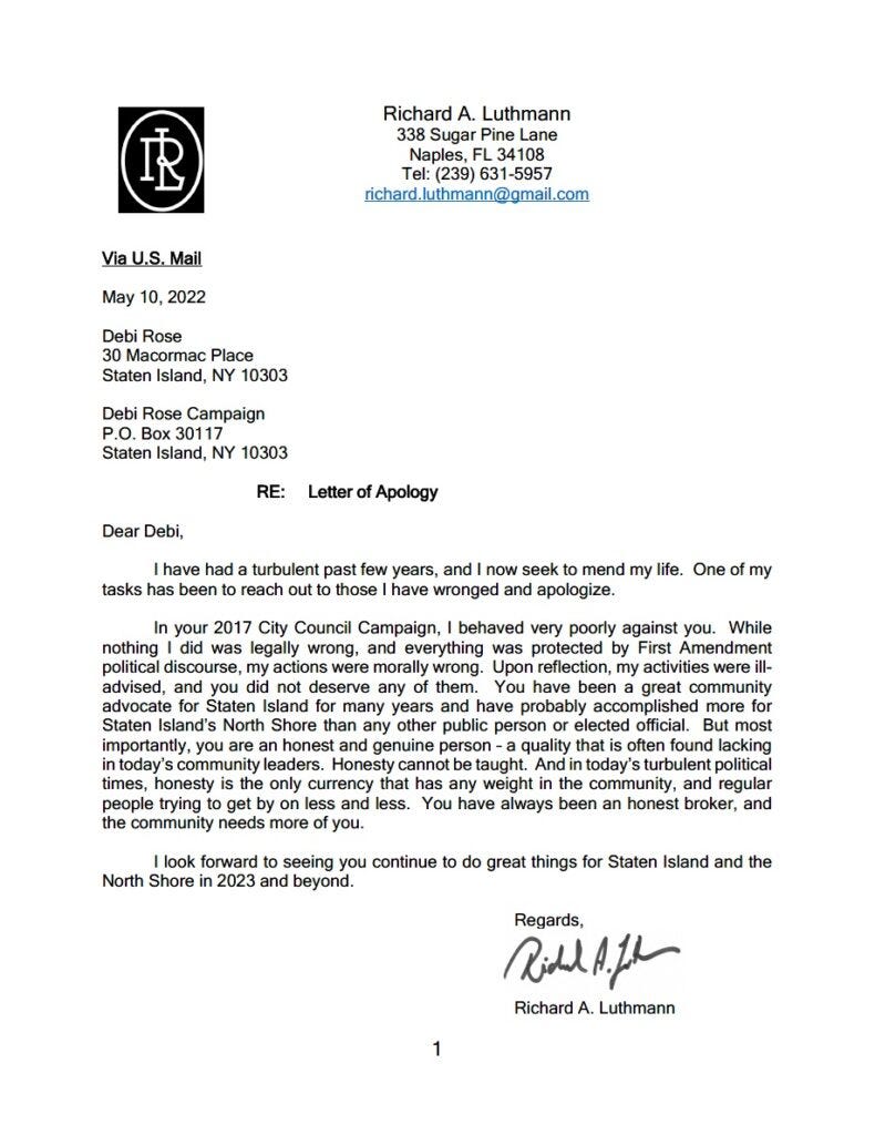 Luthmann's Letter to Debi Rose