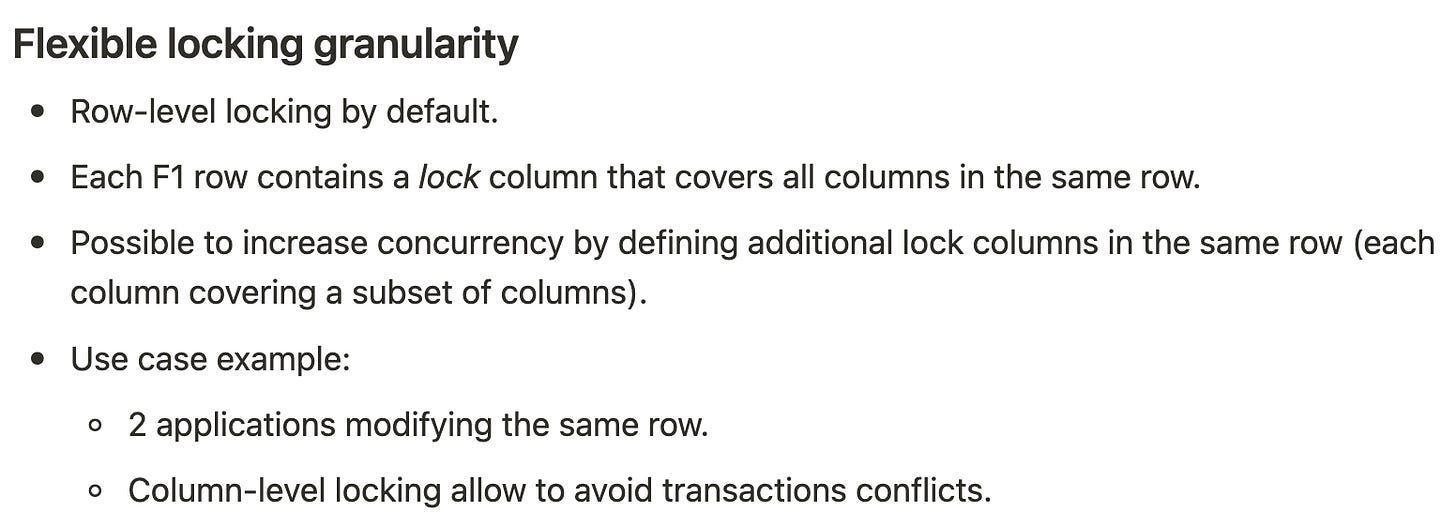 Raw excerpt from the F1 whitepaper note showing bullet points about flexible locking granularity.