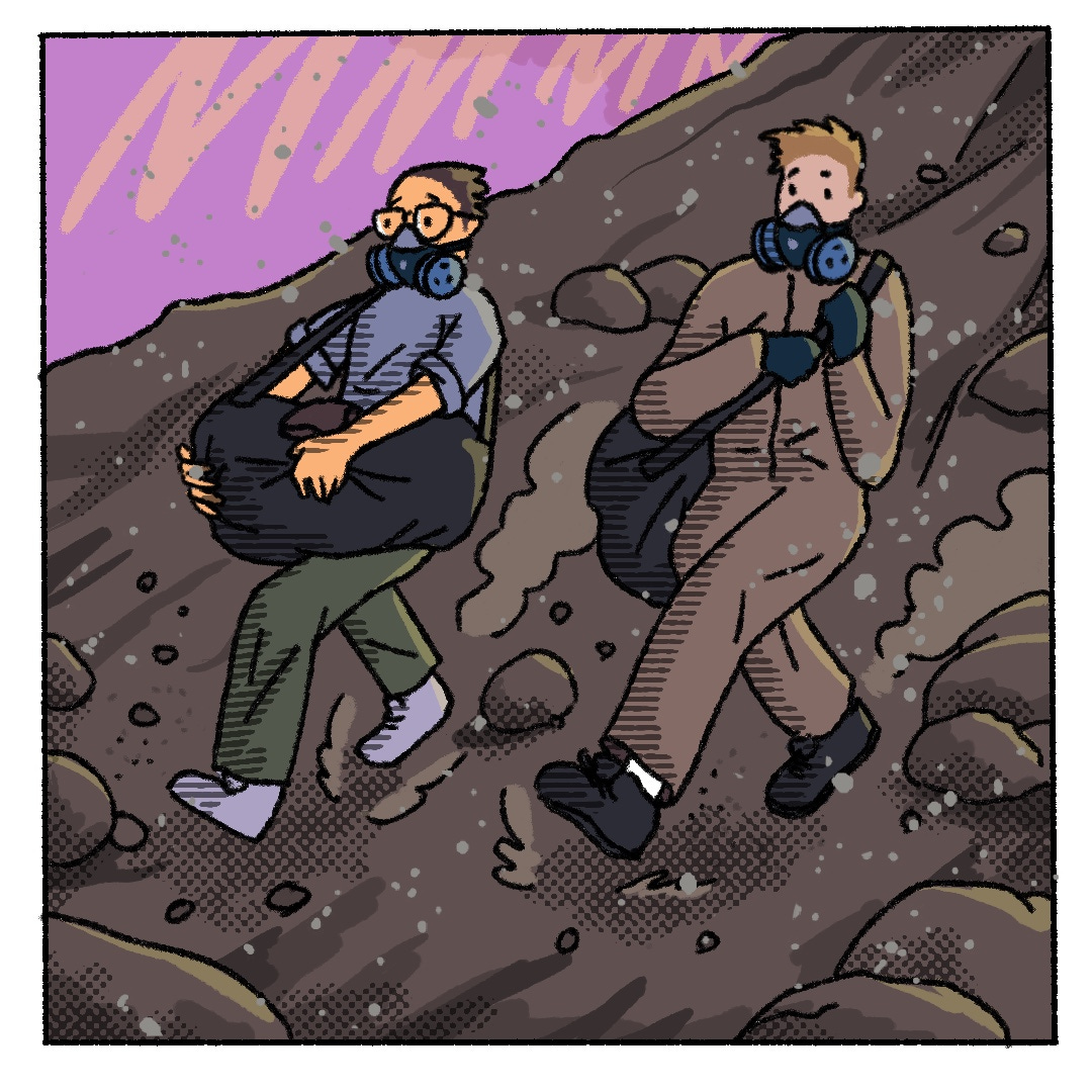 An illustration of two men in gas masks rushing downhill with big duffel bags. FYI, I like to write really long alt text in addition to descriptions of the images.