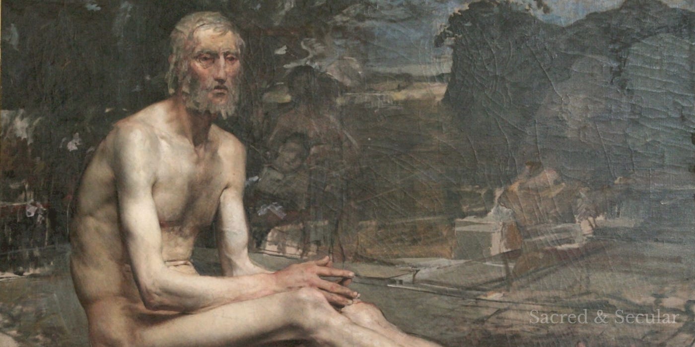 Job seated in quiet contemplation beside a barren landscape, painted in muted earth tones by Jules Bastien-Lepage. The image captures a reflective and sorrowful atmosphere, echoing themes of suffering, silence, and unanswered questions from the Book of Job. Job seated in quiet contemplation beside a barren landscape, painted in muted earth tones by Jules Bastien-Lepage. The image captures a reflective and sorrowful atmosphere, echoing themes of suffering, silence, and unanswered questions from the Book of Job.