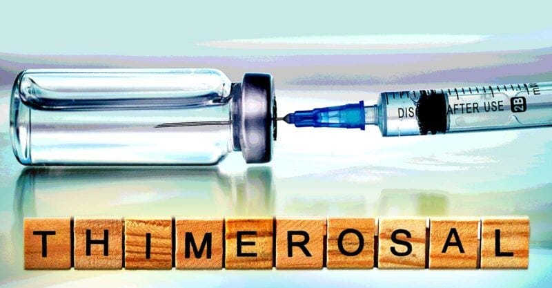 vaccine bottle and word "thimerosal"