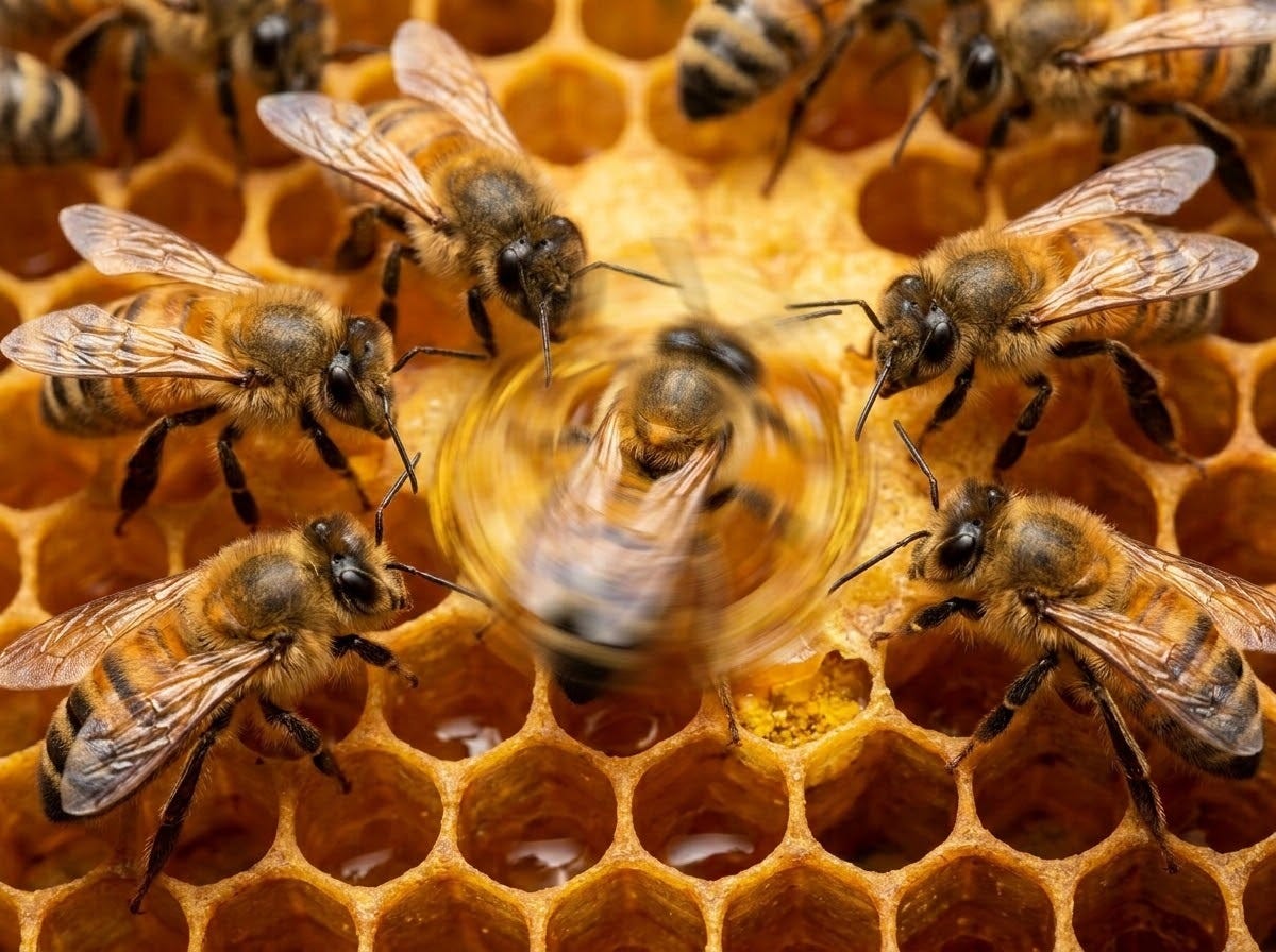 A vibrant, high-detail macro photograph of a honeybee performing the waggle dance on a golden honeycomb frame inside a bustling hive. The central bee is captured in a dynamic motion-blur to signify the figure-eight dance, while a close circle of attentive nestmates surrounds her, their antennae reaching out to touch her, illustrating successful social communication and information exchange.