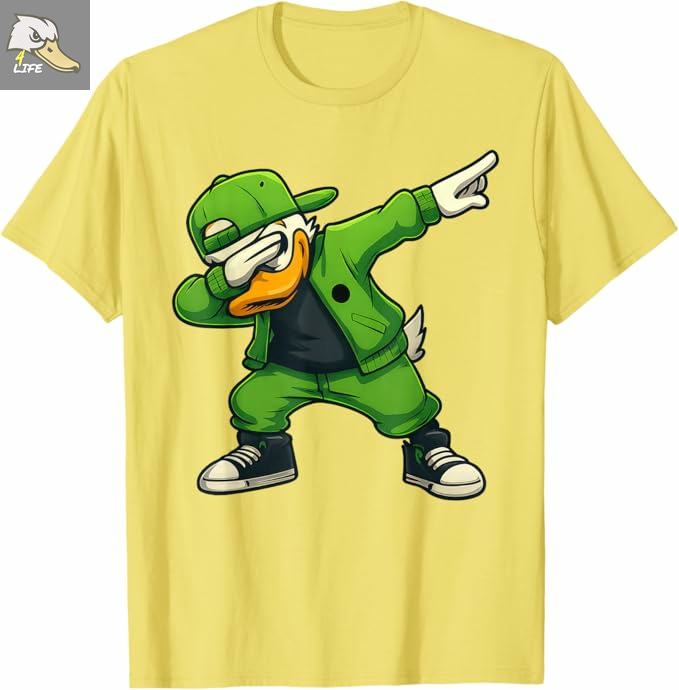 Yellow Oregon Ducks fan t-shirt featuring a cartoon duck mascot in green streetwear performing a dab pose; fun, bold game-day apparel perfect for #DuckNation fans supporting Oregon vs. Indiana. Deals on seats, fan gear and premium Oregon Football coverage at www.Ducks4.Life