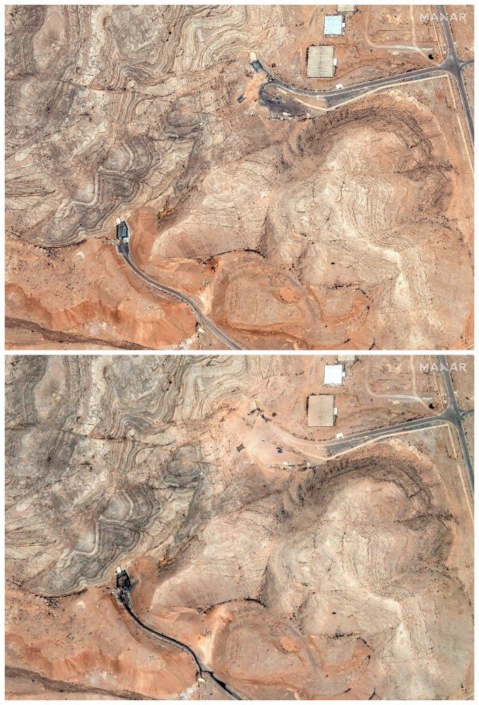 Satellite images of the Isfahan Nuclear Technology Research Center before and after a U.S. airstrike.