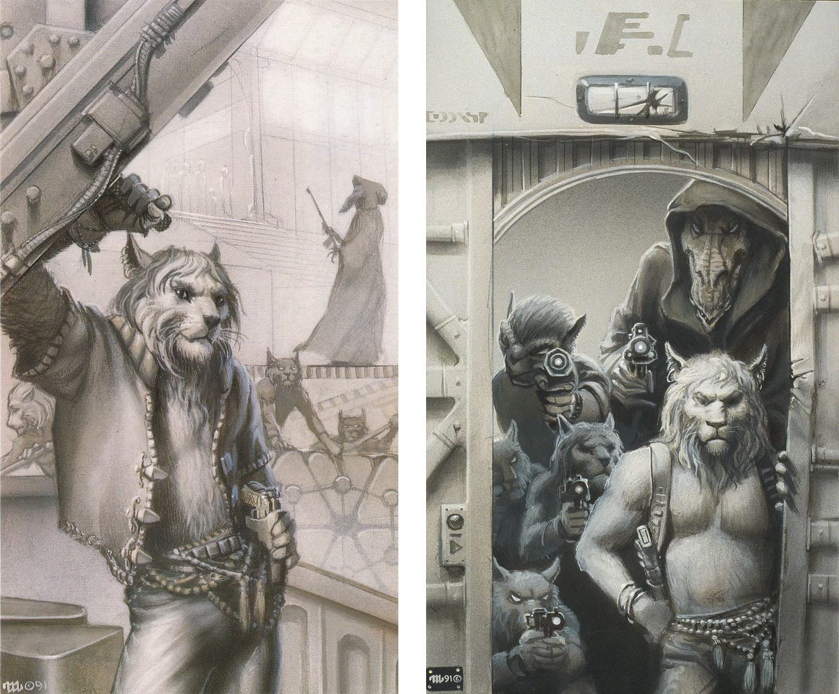 LEFT: Tonal alternate preliminary concept for CHANUR’S BREAKOUT featuring a leonine alien casually posing with arm up leaning against a diagonal support beam. Its shirt hangs open revealing the fur of its chest. A holster hangs at its waist crowded with a tangle of crossing belts. More aliens of its kind lurk among the ramps crossing behind him. A robed alien with protruding snout like a dragon paces across the deck above.  RIGHT: Tonal alternate preliminary concept for CHANUR’S BREAKOUT featuring a damaged bulkhead sliding open to reveal a band of aliens. The most prominent is a Hani, a leonine humanoid, with laser pistol hanging from a shoulder holster and beaded belts crossing its waist. A Kif—a robed alien with dragon-like snout—stands directly behind and rises tall above with its head cut off by the rounding top of the doorway. A trio of Hani back our protagonist with guns at the ready. One last alien stands over them with eye line up behind the concentric barrel of its gun. It has a pronounced brow forming a V on its forehead. Ears point directly up at the side of its head.