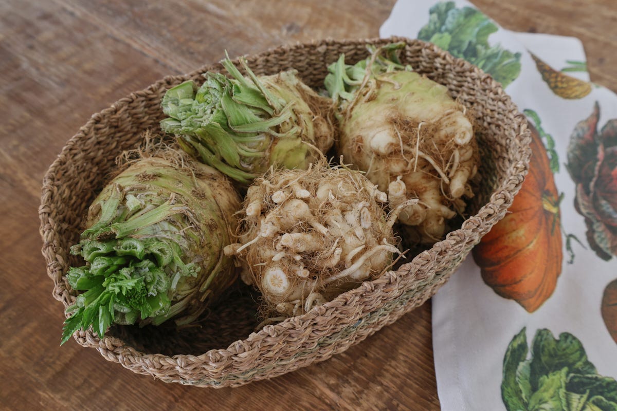 celery root in a basket with a kitchen towel alongside celery root in a basket with a kitchen towel alongside