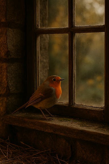 A dark fantasy image of a robin perched on the windowsill of the Krezkovs' cottage in Barovia. The robin is small and delicate, with reddish-orange breast feathers, dark eyes, and wings slightly ruffled from the cold. It pecks gently at a sunflower seed on the sill. The window is old and wooden, with a slightly frosted pane and a tattered curtain pulled to one side. Candlelight from inside the cottage casts a warm glow on the robin’s feathers, contrasting with the misty twilight outside. Snowflakes drift past the window, and ivy curls around the frame. The atmosphere is quiet, intimate, and slightly eerie. A dark fantasy image of a robin perched on the windowsill of the Krezkovs' cottage in Barovia. The robin is small and delicate, with reddish-orange breast feathers, dark eyes, and wings slightly ruffled from the cold. It pecks gently at a sunflower seed on the sill. The window is old and wooden, with a slightly frosted pane and a tattered curtain pulled to one side. Candlelight from inside the cottage casts a warm glow on the robin’s feathers, contrasting with the misty twilight outside. Snowflakes drift past the window, and ivy curls around the frame. The atmosphere is quiet, intimate, and slightly eerie.