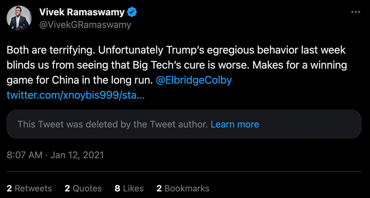 Both are terrifying. Unfortunately Trump’s egregious behavior last week blinds us from seeing that Big Tech’s cure is worse. Makes for a winning game for China in the long run. @ElbridgeColby