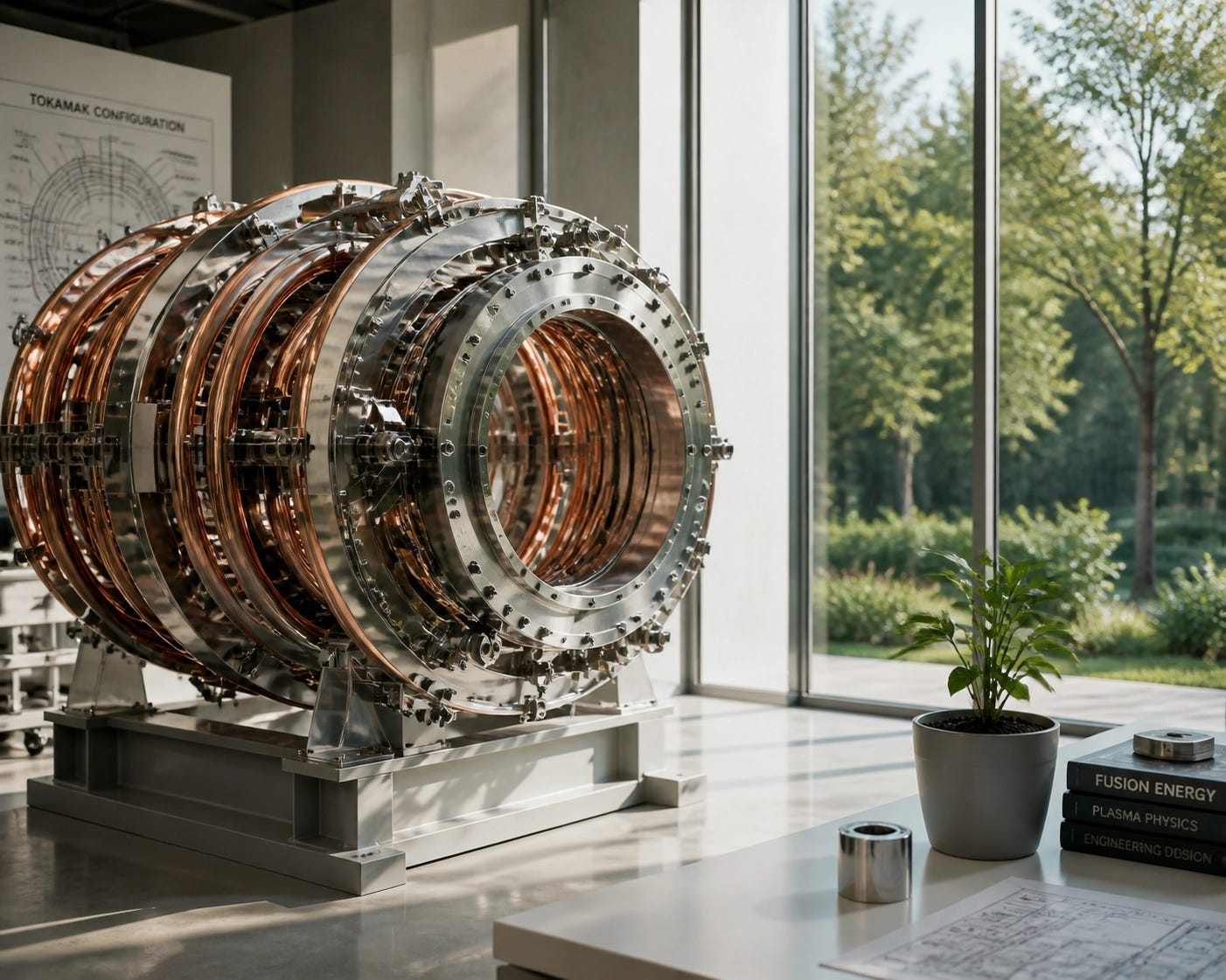 Intricate fusion reactor coils in a modern lab representing the shift from policy to technical reality.