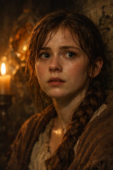 Close-up of Lorelei in the Amber Temple catacombs, pale and frightened, braided chestnut hair damp with sweat, soft youthful features, wide vulnerable eyes, simple peasant clothing, candlelit amber glow behind her, no visible injuries Close-up of Lorelei in the Amber Temple catacombs, pale and frightened, braided chestnut hair damp with sweat, soft youthful features, wide vulnerable eyes, simple peasant clothing, candlelit amber glow behind her, no visible injuries