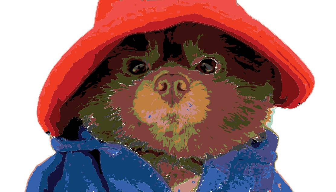 A watercolor-style rendering of Bertie Bert the Pomeranian, a chocolate Pomeranian dressed up as Paddington Bear, in a Red Hat and Blue Coat