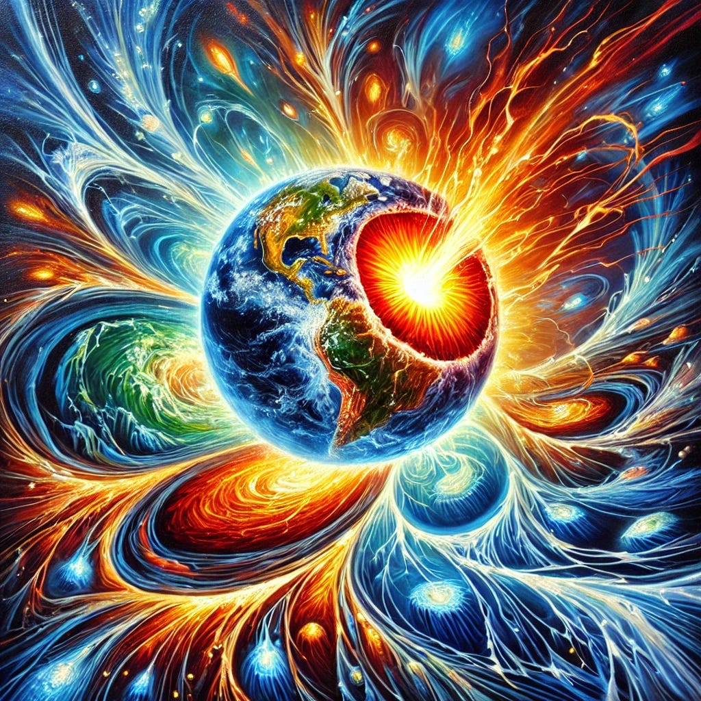 A vibrant oil painting depicting Earth's systemic dynamics with a glowing molten core at the center, radiating fiery orange, red, and yellow heat. From the core, glowing lines extend to deep ocean trenches and geothermal hotspots. The deep ocean is illustrated with dynamic currents in bold blues and greens, swirling like twisting ribbons. Around the Earth, ethereal arcs in shimmering whites and light blues represent magnetic flux and rotational shifts. The surface shows asymmetric climate effects with regions of deep blue cooler zones and fiery warm zones. The painting uses expressive strokes and rich, bold colors, creating a vivid and dynamic representation. A vibrant oil painting depicting Earth's systemic dynamics with a glowing molten core at the center, radiating fiery orange, red, and yellow heat. From the core, glowing lines extend to deep ocean trenches and geothermal hotspots. The deep ocean is illustrated with dynamic currents in bold blues and greens, swirling like twisting ribbons. Around the Earth, ethereal arcs in shimmering whites and light blues represent magnetic flux and rotational shifts. The surface shows asymmetric climate effects with regions of deep blue cooler zones and fiery warm zones. The painting uses expressive strokes and rich, bold colors, creating a vivid and dynamic representation.