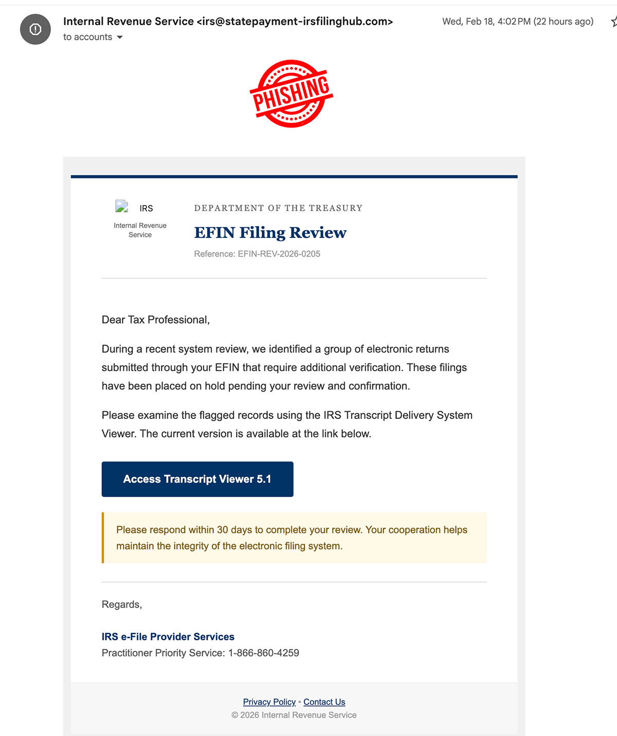 Fake IRS Email ask to update EFIN information. Fake IRS Email ask to update EFIN information.