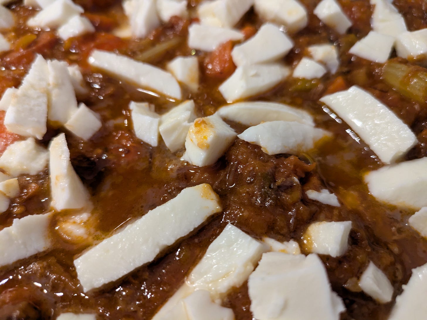 Top layer of my first lasagna just before covering to bake.