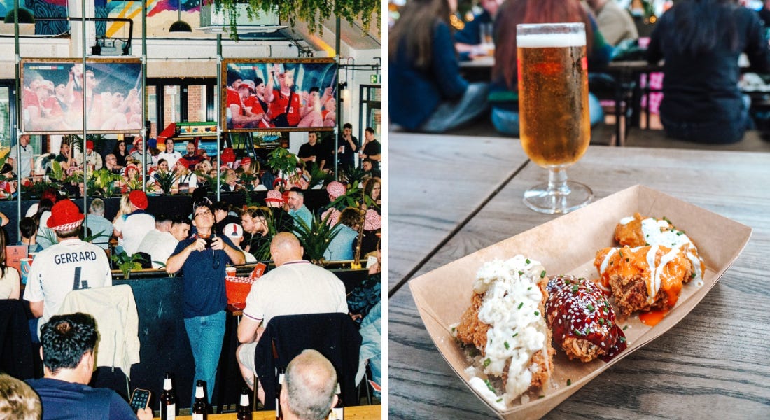 Two pictures - one of a pub with two football screens and crowds of people, and one of three chicken wings in a cardboard box next to a pint of beer Two pictures - one of a pub with two football screens and crowds of people, and one of three chicken wings in a cardboard box next to a pint of beer