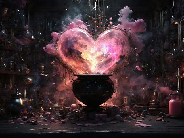 Large black cauldron with a big, translucent, rose-colored bubble of steam floating out of it, all in a dark room filled with interesting silver pitchers and pots all over the wall and table Large black cauldron with a big, translucent, rose-colored bubble of steam floating out of it, all in a dark room filled with interesting silver pitchers and pots all over the wall and table
