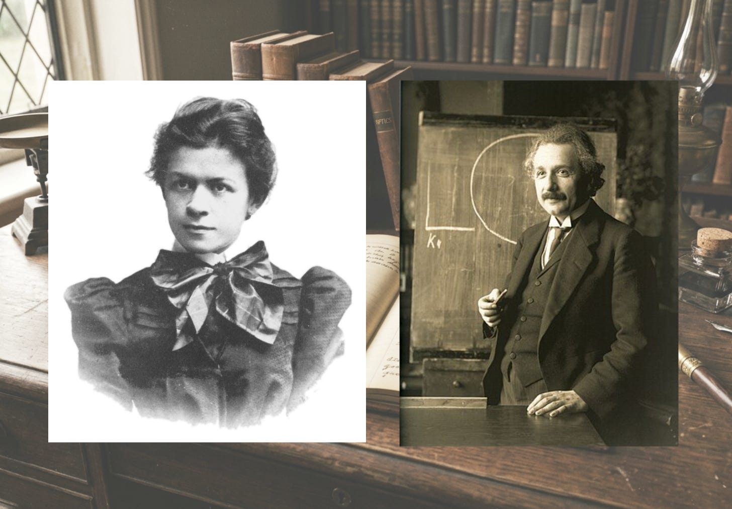 A picture of both Einstein and his wife on a study background