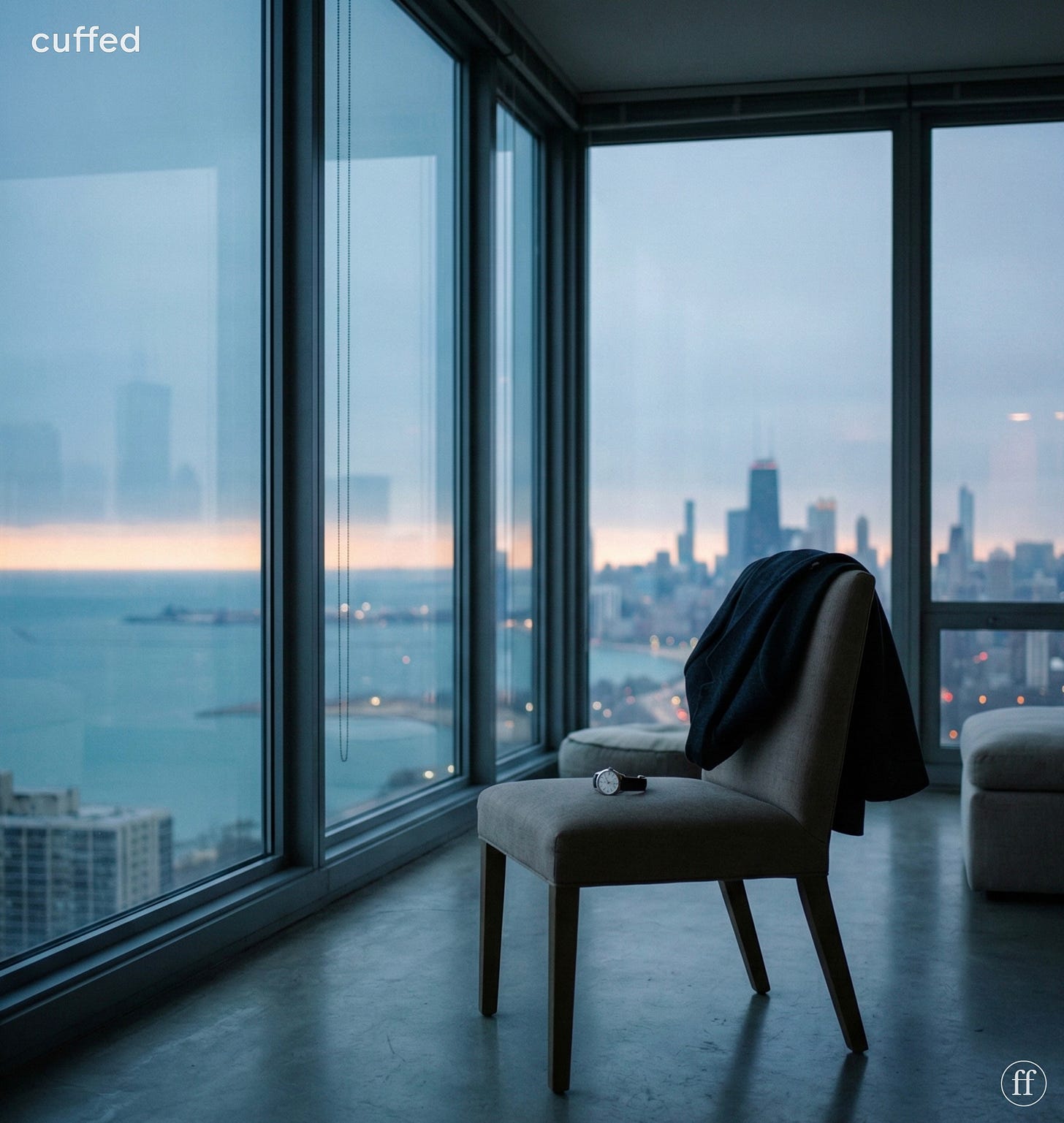 cinematic cover image for cuffed musing no. 66. minimalist high-rise interior at dusk overlooking the chicago skyline and lake michigan. an empty upholstered chair sits near floor-to-ceiling windows with a folded jacket draped over it and a wristwatch resting on the seat. cool blue-gray dusk light, soft city glow, long shadows, quiet and restrained mood. logo: “cuffed” in white at top-left, fused “ff” mark in white at bottom-right. themes: self-respect, growth, letting go without erasure, masculine introspection, emotional restraint.