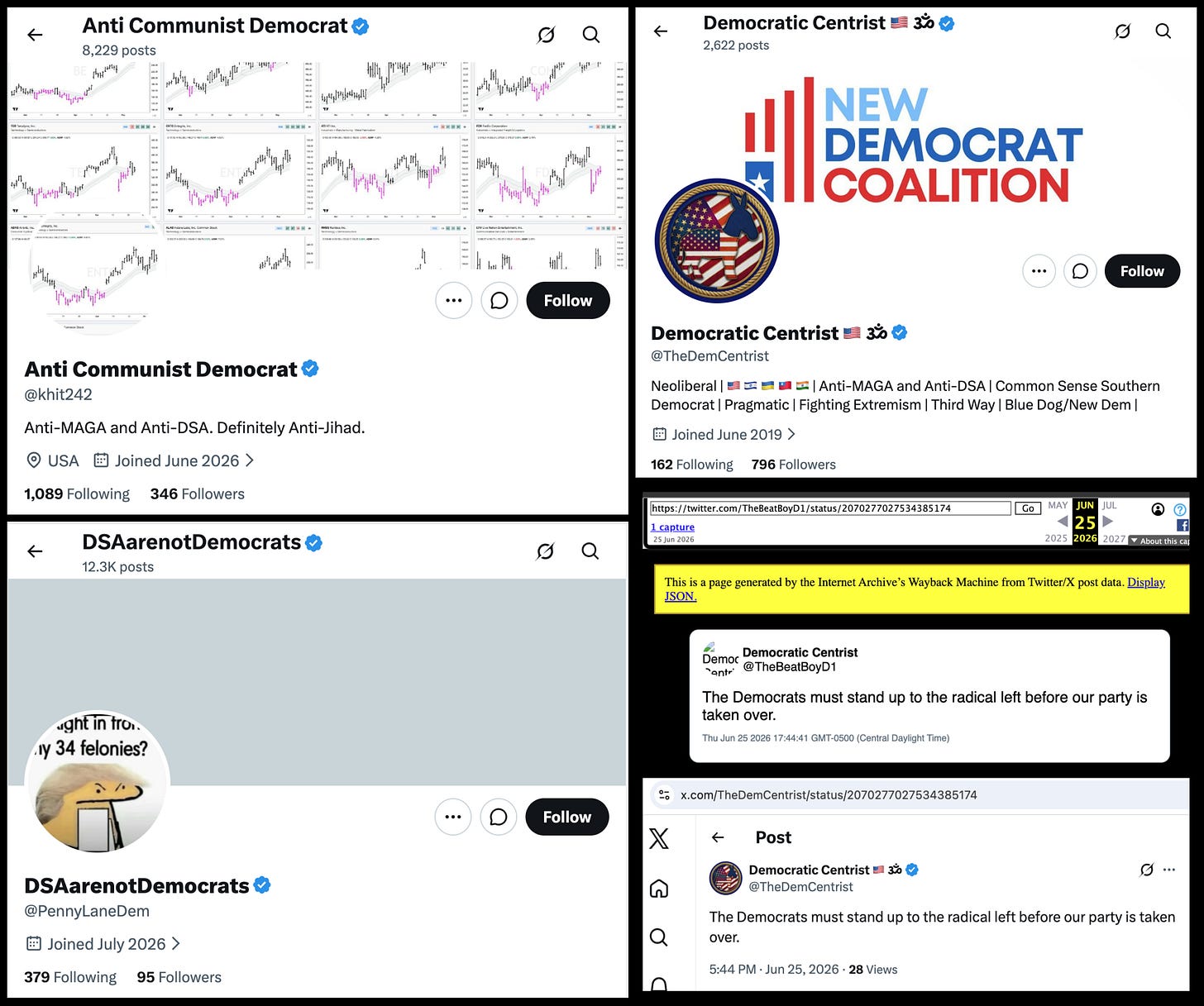screenshot of @khit242 and @PennyLaneDem X profiles, and screenshot of @TheDemCentrist's X profile, and screenshots of a @TheDemCentrist posts and a Wayback Machine archive of the same post, showing that the account was once named @TheBeatBoyD1 screenshot of @khit242 and @PennyLaneDem X profiles, and screenshot of @TheDemCentrist's X profile, and screenshots of a @TheDemCentrist posts and a Wayback Machine archive of the same post, showing that the account was once named @TheBeatBoyD1