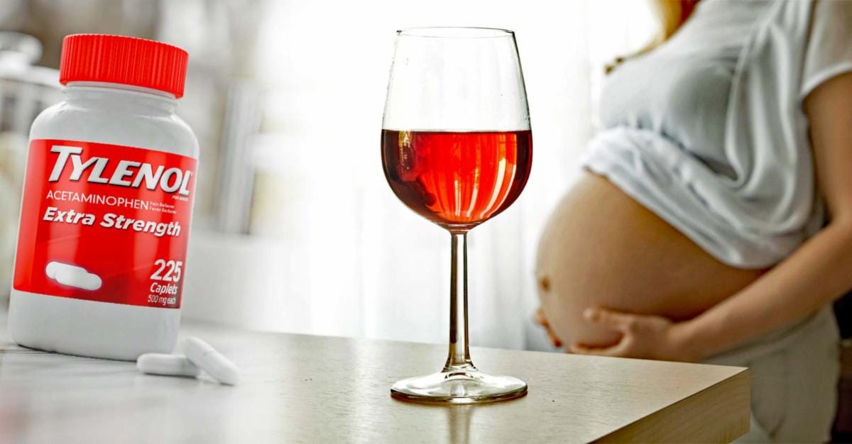 tylenol and wine on table with pregnant woman
