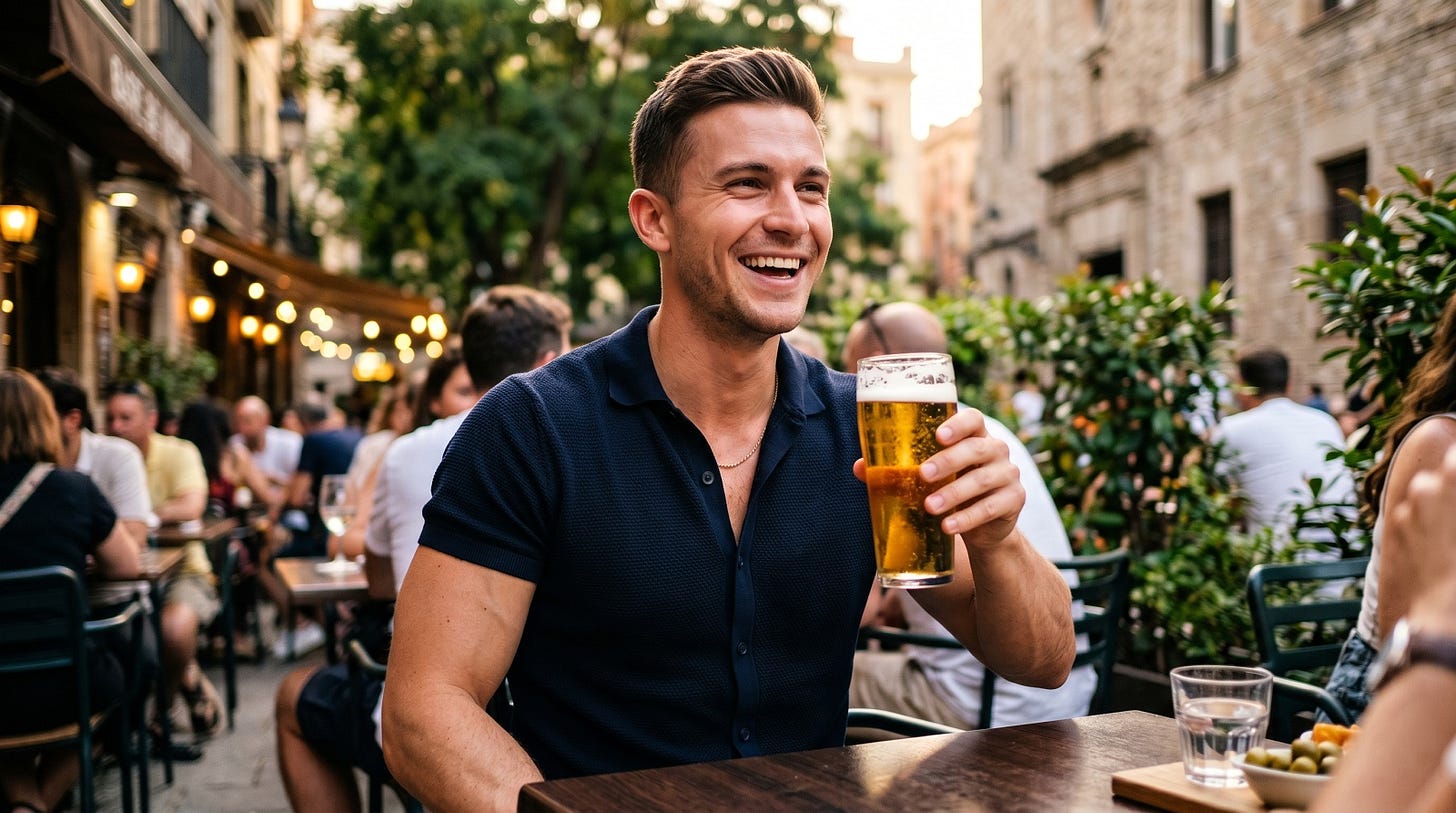 Healthy young man drinking a glass of lager beer on a summer terrace, visualizing the link between beer consumption and male testosterone levels in biohacking.