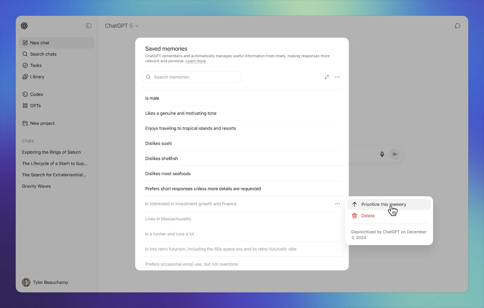 ChatGPT saved memories list with management controls