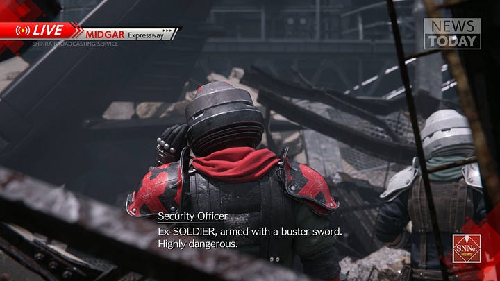 Shinra is searching for an Ex-SOLDIER with a buster sword who is working with Avalanche.