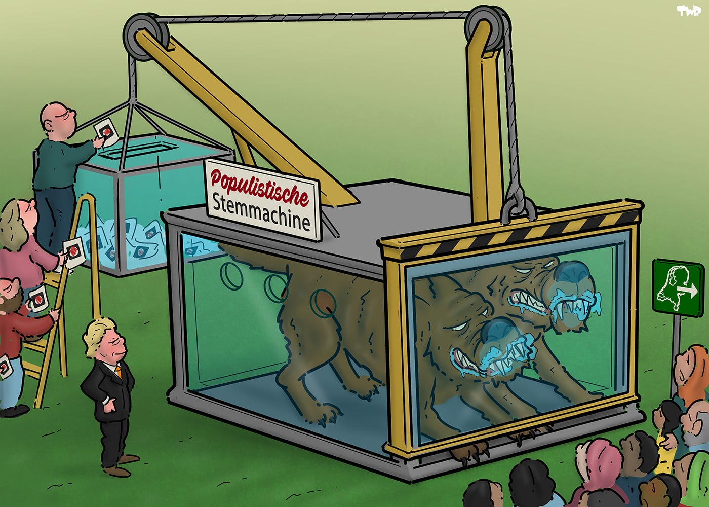 Cartoon waarop een grote machine te zien is, gelabeld 'Populistische stemmachine'. Aan de ene kant van het apparaat stoppen boze stemmers hun stembiljet in een glazen stembus. Deze hangt aan een stalen kabel, die via katrollen verbonden is met een schuif die een hok afsluit waar twee grote honden met scherpe ontblote tanden in zitten. Naarmate de stembus meer stemmen bevat and dus zwaarder wordt, trekt deze de schuif steeds verder omhoog. Voor de schuif staat een groep angstig kijkende mensen met een migratieachtergrond.