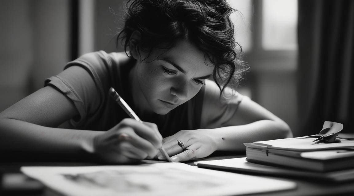 a young woman sketching her childhood trauma to journal her pain and progress