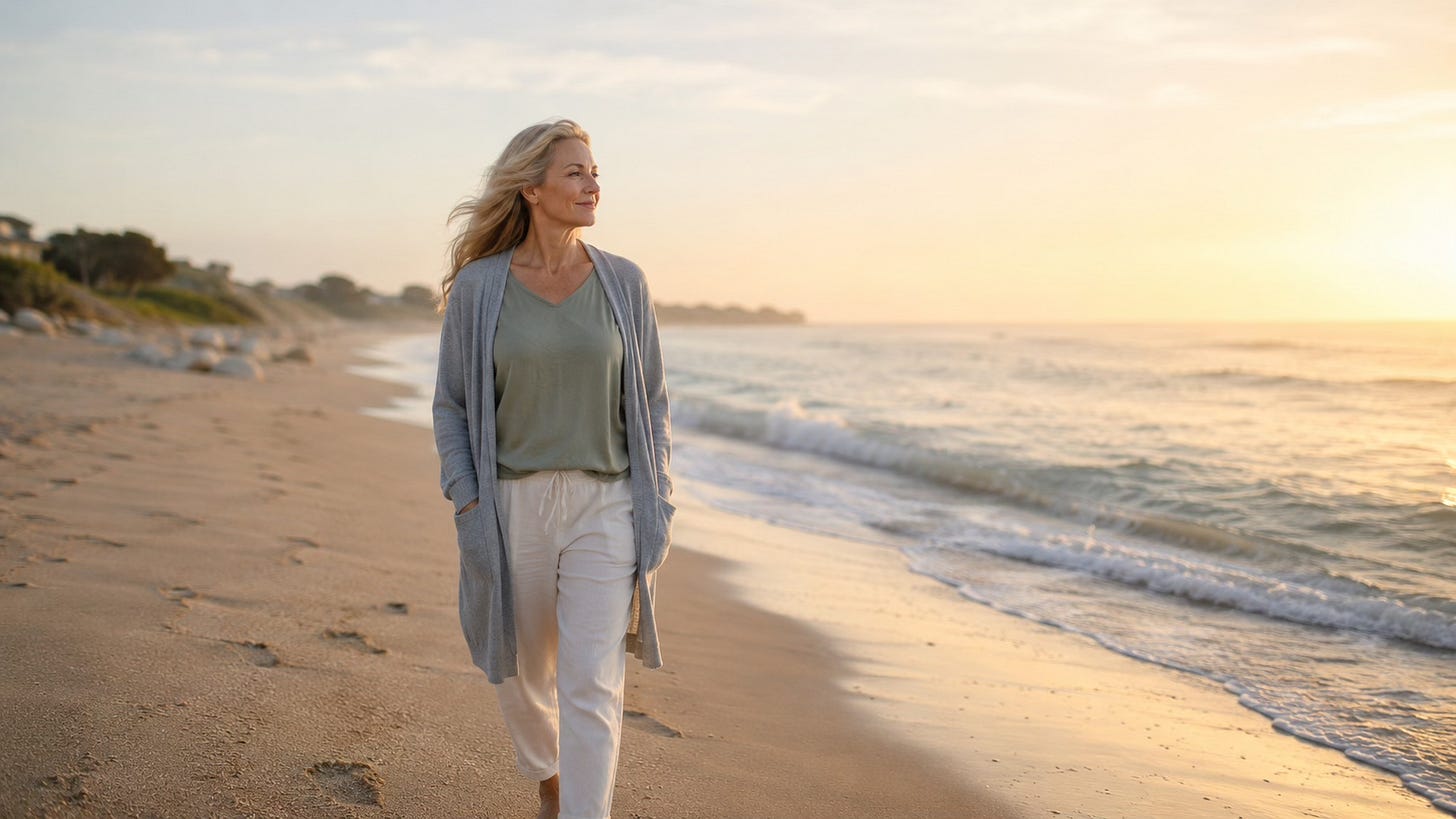 Woman walking peacefully in nature, representing calm, clarity, and self-trust.