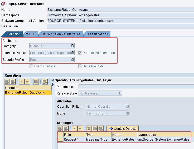 Outbound Asynchronous Service Interface for exchange rates sender with interface pattern Stateless XI30 Compatible and only one operation