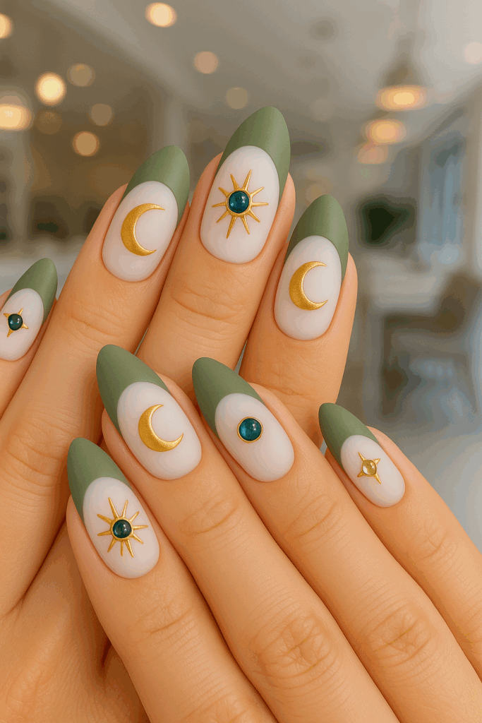 a close up of white and green-tipped boho nail designs