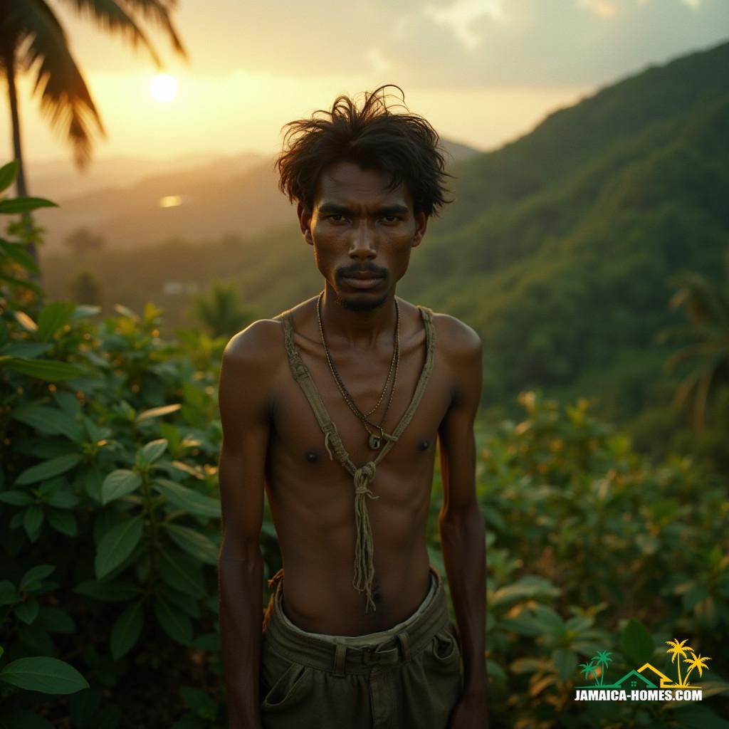 An Indian indentured laborer, clad in worn, earth-toned clothing, stands amidst a lush Jamaican landscape, gazing out at the viewer with a mix of resilience and melancholy, as the golden light of dusk casts a warm glow, infusing the scene with a sense of nostalgia and longing, reminiscent of the cinematic styles of Roger Deakins, Emmanuel Lubezki, and Christopher Doyle, with a color palette that evokes the muted tones of a bygone era, and the texture of 35mm film grain, subtle vignette, and cinematic lighting, post-processed to perfection, to create a visually stunning, atmospheric, and epic live-action image, redolent of a masterpiece.