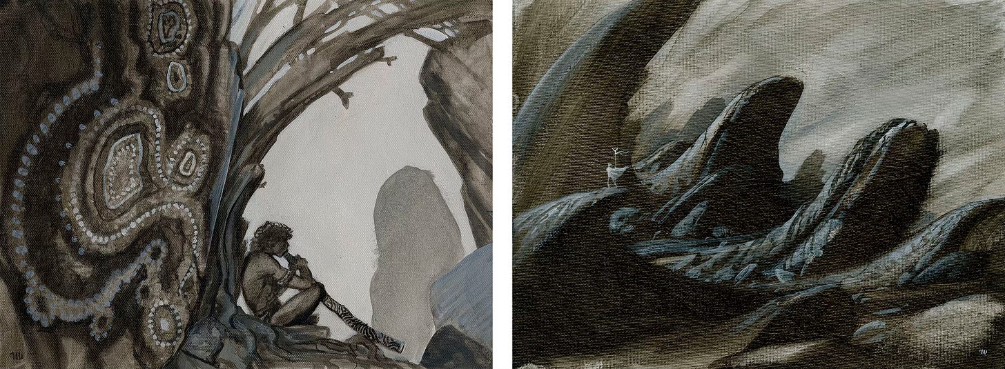 Two landscape oriented paintings. LEFT: A man sits with knees up and the long shaft of a didgeridoo extending downward as he blows. We see him in profile as branches curl overhead emerging from behind a rock face that is painted with swirls and dots. RIGHT: A tiny solitary figure with a white cape holding a staff stands on a “wave” of earth in a windswept alien landscape where slopes of rock break skyward from the surface. Are they traveling the terrain or did their geomancy do this?