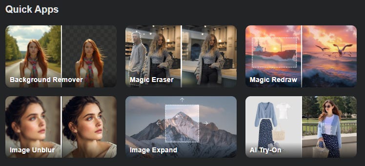 Quick apps in Image Creation in Genspark - background remover, image unblur, magic eraser, etc. Quick apps in Image Creation in Genspark - background remover, image unblur, magic eraser, etc.