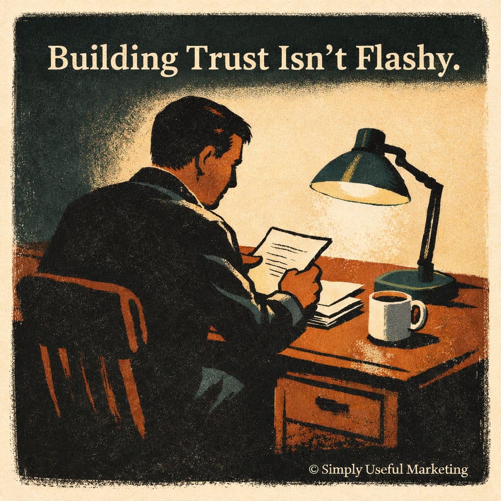 Vintage-style illustration of a man seated at a wooden desk, reading a printed letter under a desk lamp. A ceramic mug and a small stack of papers sit nearby. The scene uses warm, muted tones and textured shading. Large headline text at the top reads, “Building Trust Isn’t Flashy.” A small © Simply Useful Marketing copyright appears in the bottom right corner.