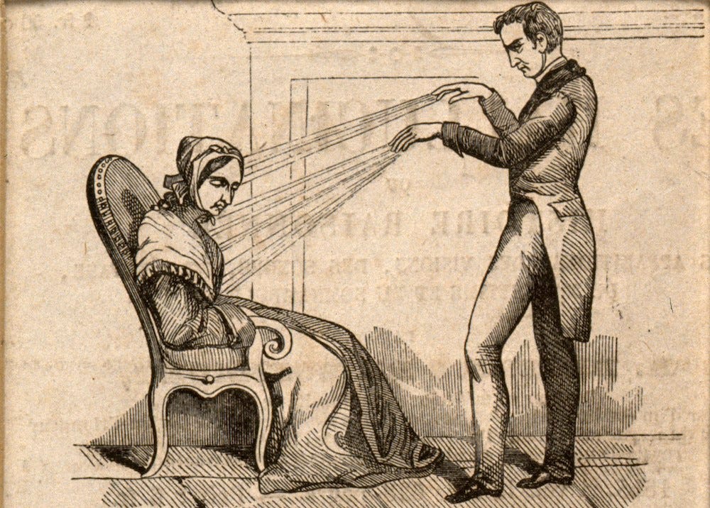 Mesmer, wiggling his fingers at an old lady