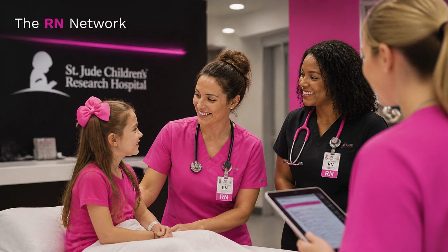 Pediatric nurses in bold pink and neutral scrubs collaborating in a warm modern clinical environment with the official RN Network logo Pediatric nurses in bold pink and neutral scrubs collaborating in a warm modern clinical environment with the official RN Network logo